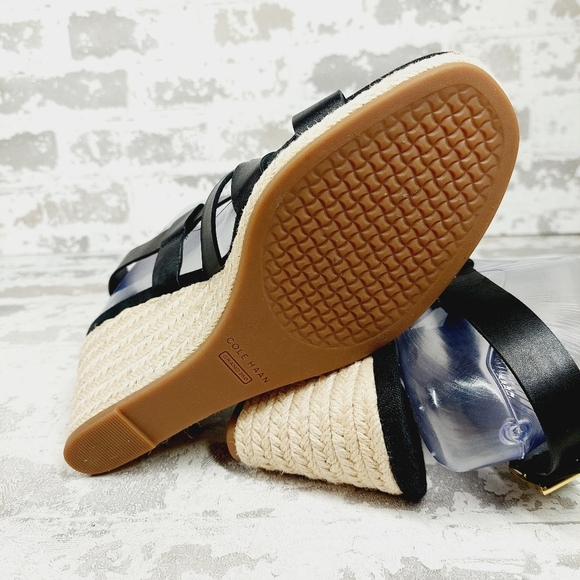 NEW Cole Haan Crystal Black Leather Buckle Sling Back Summer Wedge Sandals H328 - Picture 10 of 14